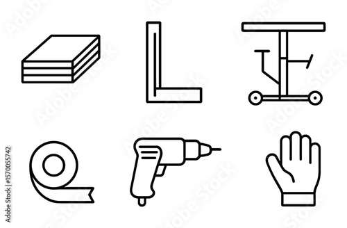 Drywall Tools Icons. Outline vector icons of drywall sheets stacked: drywall stack, wall stud, t-square, panel