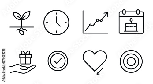Relationship Growth Icons. Outline vector icons of relationship building over time: growth seed, time icon,