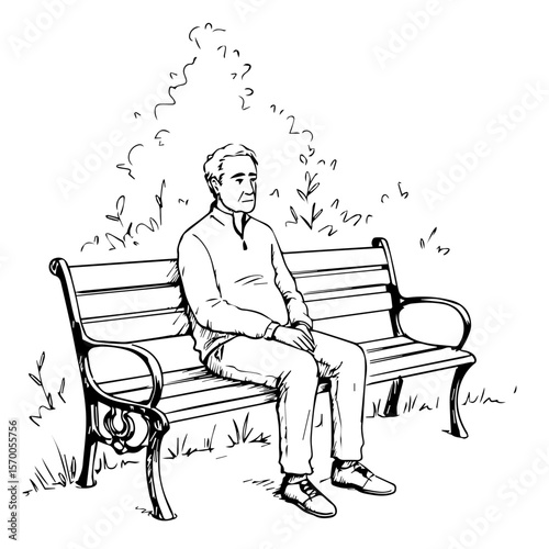 Sketch image fx shows an elderly man sits alone on a bench outside, thinking quietly. Image fx includes figure sitting, considering time and planning for future events.
