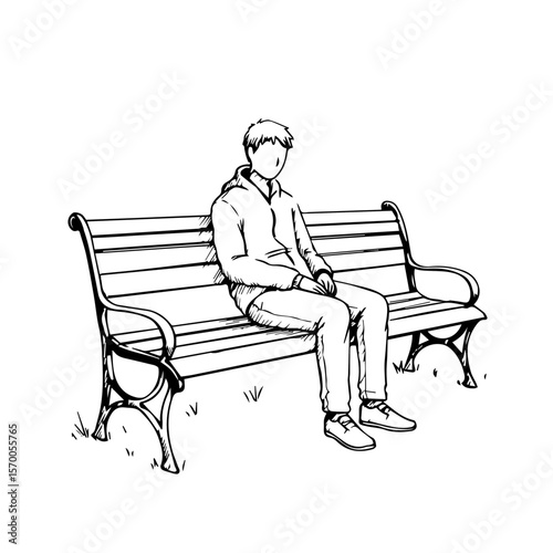 Man sitting on a park bench in black and white outline illustration. Image effects showcase figure sitting on park bench to create expressive look.