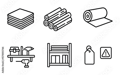 Construction Material Icons. Outline vector icons of construction materials storage: plywood stack, lumber