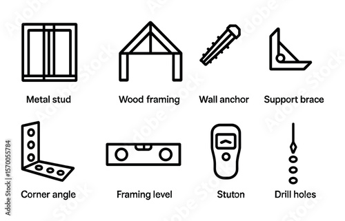 Framing Tools Icons. Outline vector icons of framing and wall support: metal studs, wood framing, wall anchor,