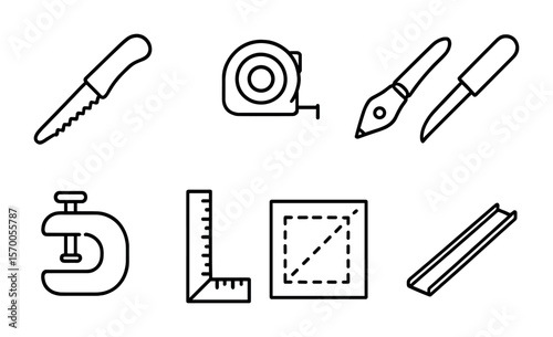 Drywall Tools Icons. Outline vector icons of drywall cutting and measuring: drywall saw, measuring tape, chalk