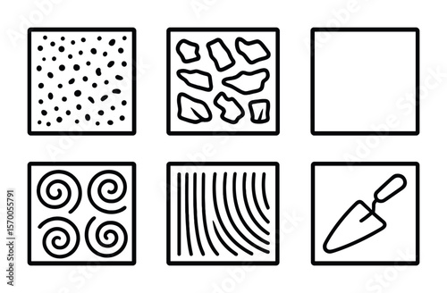 Drywall Texture Icons. Outline vector icons of drywall textures and finishes: orange peel texture, knockdown