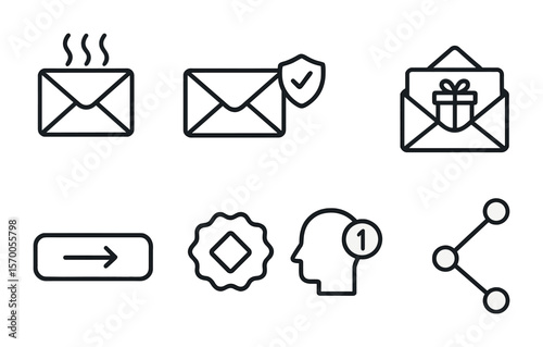 Lead Nurturing Icons. Outline vector icons of lead nurturing via email: warm-up email, trust badge, offer