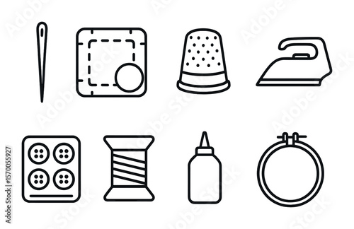 Clothing Repair Tools Icons. Outline vector icons of clothing repair tools: darning needle, patch kit, thimble