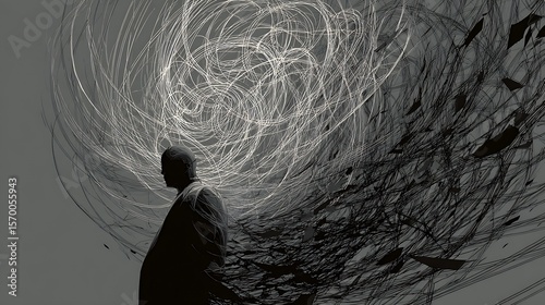 Silhouette of a person with swirling lines and dark fragments above their head area