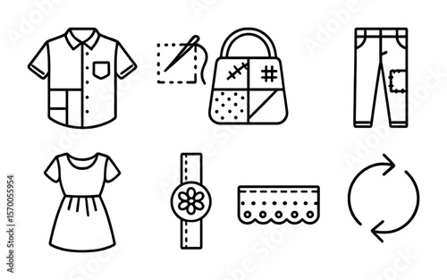 Upcycled Clothing Icons. Outline vector icons of clothing upcycling projects: repurposed shirt, fabric scrap,