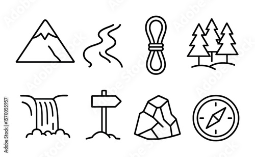Mountain Icon Set. Outline vector icons of mountain waterfall trails: snowcap peak, alpine stream, climbing