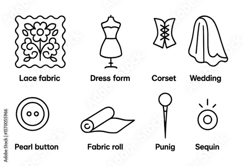 Bridal Tailoring Icons. Outline vector icons of bridal tailoring and dressmaking: lace fabric, bridal form,