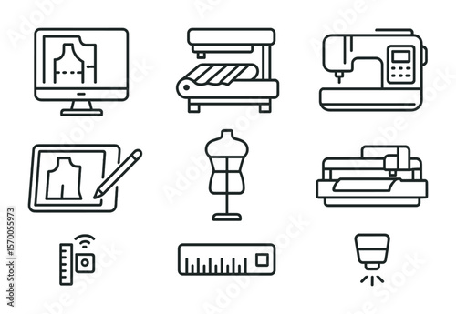Modern Tailoring Icons. Outline vector icons of modern tailoring technology: digital pattern, fabric scanner,