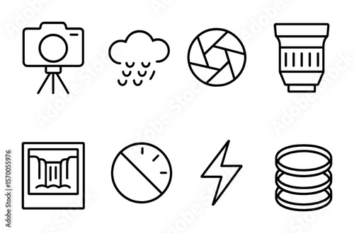 Waterfall Photography Icons. Outline vector icons of waterfall photography: camera tripod, mist lens, shutter