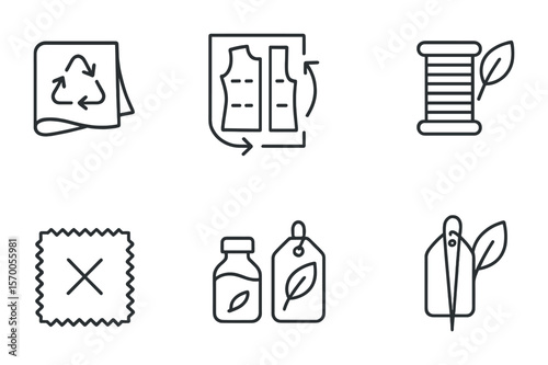 Sustainable Tailoring Icons. Outline vector icons of sustainable tailoring practices: fabric recycle,