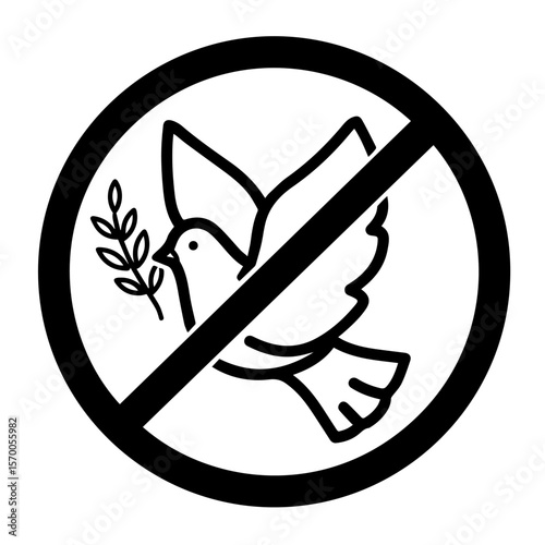 No war message represented by dove silhouette with olive branch in stop sign. No war for peace, no conflict, showing world peace against conflict, with dove holding olive branch.