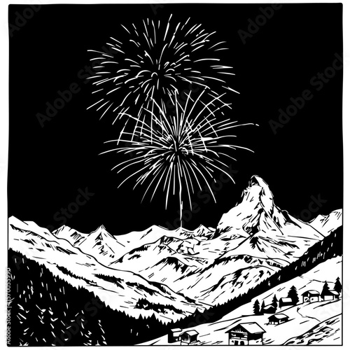 Celebrating events with fireworks display in the mountains on this summer evening, fireworks display illuminates horizon and distant peaks. Fireworks display brightens natural landscape,