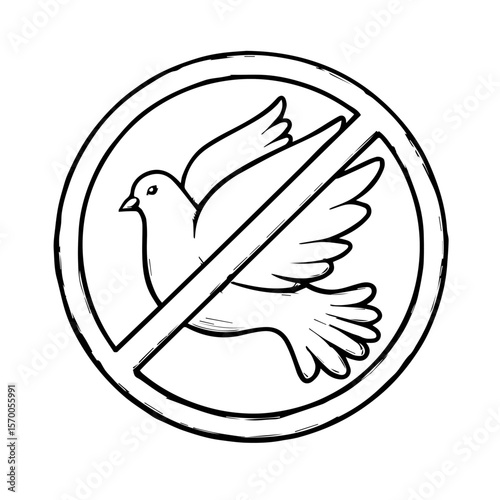 Symbol of freedom denied: dove with wings spread in a prohibiting sign, indicating end of image effects. Prohibiting flying dove is representative of restrictions and limitations.