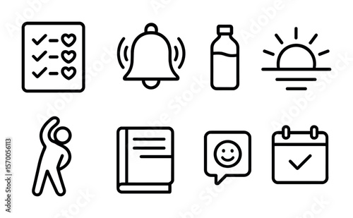 Positive Habit Icons. Outline vector icons of positive habit reminders: checklist with hearts, alarm bell,
