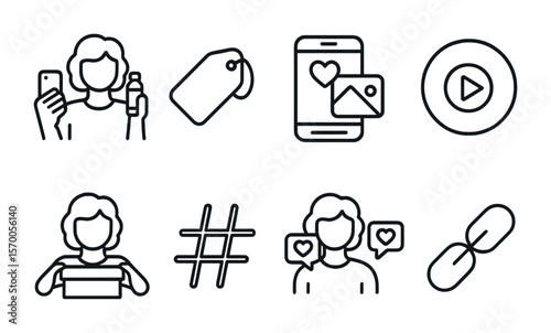 Influencer Icon Set. Outline vector icons of influencer brand partnerships: selfie with product, tag icon,