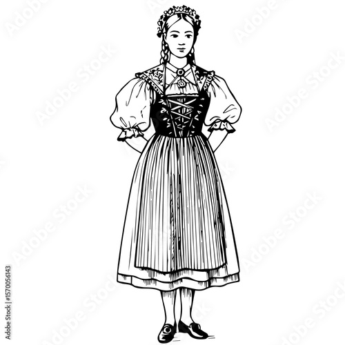 Traditional European dress displayed in vintage line art engraving featuring a young woman with braids. Traditional European dress illustration includes lacing and puffed sleeves,