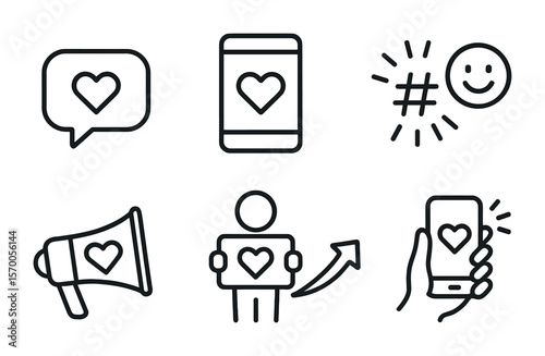 Social Media Positivity Icons. Outline vector icons of social media positivity: comment love, post heart,