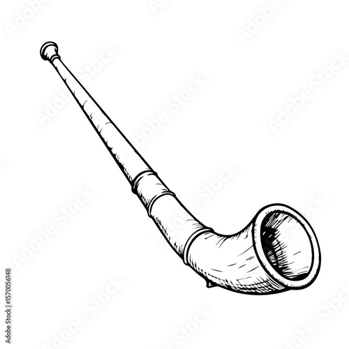 Isolated alpenhorn drawing showcased against white backdrop. Alpenhorn drawing in vintage style evokes traditional music, folk instrument heritage, and cultural artistry. Concept alpenhorn drawing,