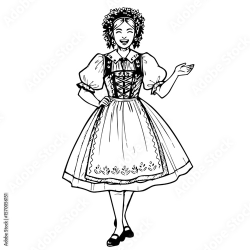 Oktoberfest woman in traditional dirndl dress with hand gesture in sketch drawing. Oktoberfest drawing shows traditional folk costume, with attention on lacing and puffed sleeves.