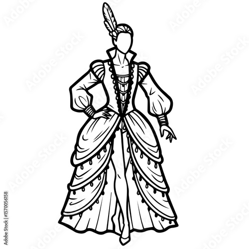 Fashionable image fx evokes a sense of fantasy, presenting an elegant gown with intricate detailing. Image fx design shows ruffles and a feather accent, showcasing graceful femininity,