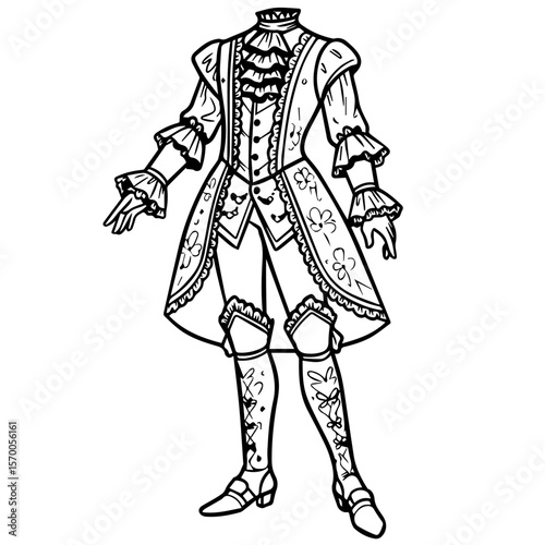 Image effects bring this fantasy clothing to life, showcasing ornate costume with frills, lace, and elegant floral patterns. This artistic rendering of image effects showcases period clothing,