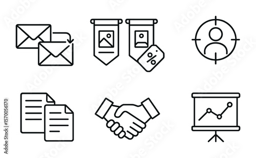 Co-Marketing Icons. Outline vector icons of co-marketing campaigns: email merge, dual ad banners, shared promo
