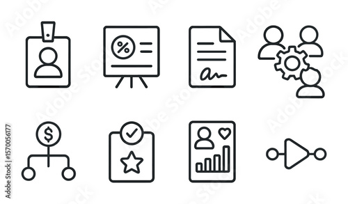 Content Creator Icons. Outline vector icons of content creator brand deals: creator badge, pitch deck,