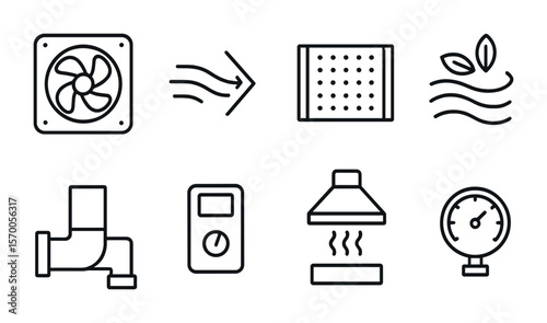 Lab Ventilation Icons. Outline vector icons of lab ventilation systems: exhaust fan, airflow chart, HEPA