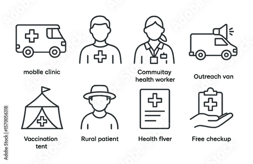 Healthcare Icons Set. Outline vector icons of healthcare for underserved communities: mobile clinic, health