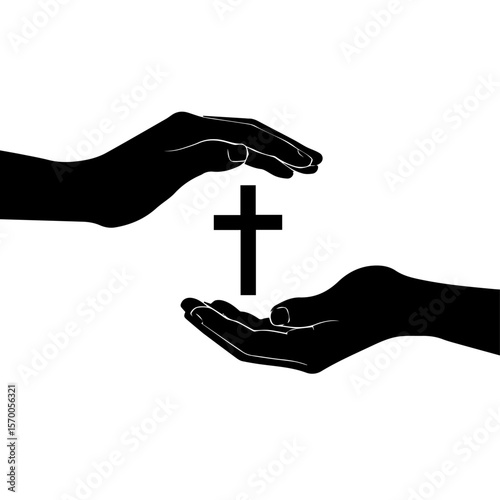 Image effects feature two hands cradling Christian cross in black and white, creating visual effect. Image effects design presents hands in silhouette holding religious symbol,