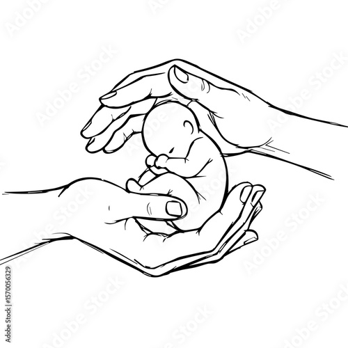 Human FX illustration of a baby in caring hands, conveying concepts of protection and new life. Human FX depicts hands protectively cradling newborn, symbolizing family values and tenderness,