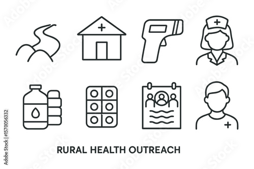 Rural Health Icons. Outline vector icons of rural health outreach: dirt road, village clinic, handheld