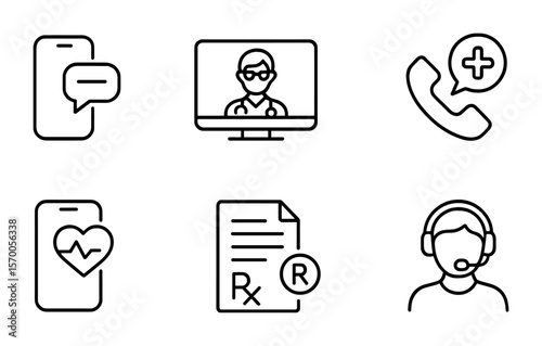 Telehealth Icon Set. Outline vector icons of telehealth access: phone consult, video doctor, rural Wi-Fi,