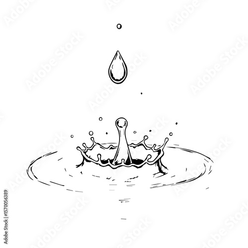Water drop illustration creating splash and ripples, an effects image with liquid crown. Water drop effects enhance motion graphics.