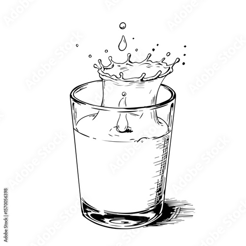 Fresh illustration of glass of water featuring dynamic splash. A dynamic splash creates beautiful crown of liquid in glass of water. Fresh illustration evokes purity, health, and refreshing imagery,