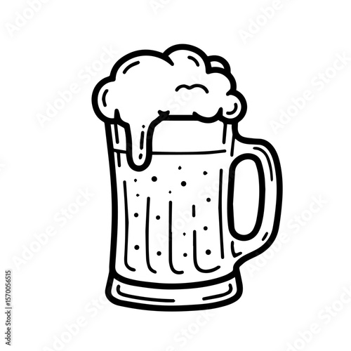 Black and white line art illustration of a mug of beer with frothy foam, an image_fx design.