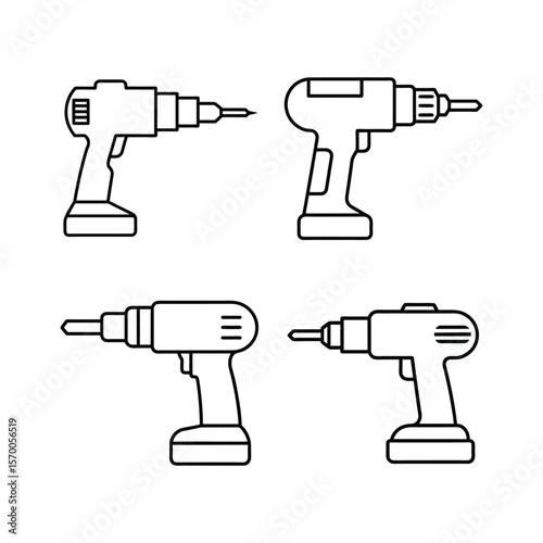 A set of cordless drill line art vector art illustration