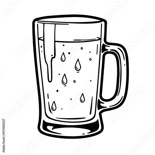 Image FX beer mug outline illustration with foamy beer droplets in pint glass for graphics. Image FX beer mug design presents refreshing beer in chilled glass with handle,