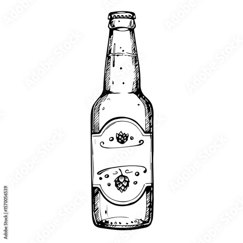 Illustration of beer bottle with blank label for customization. Beer bottle hand drawing with room for logo, perfect image fx for brewery branding and custom design,