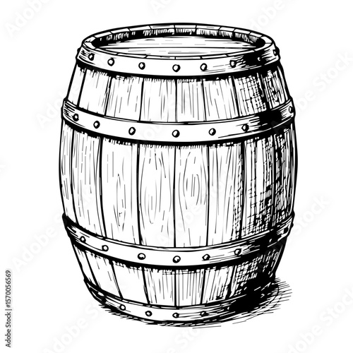 Hand-drawn barrel illustration for vintage designs. Barrel highlights rustic charm and craftsmanship, blending artistry with detailed linework, ideal for capturing a classic aesthetic.