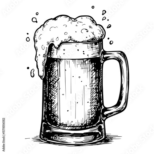 Illustration of beer overflowing mug on white background, an image effect. Beer presentation with bubbles popping around, beer foam adding texture to the illustration.