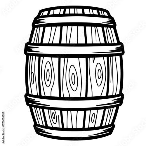 Illustration of a wooden barrel, a rustic design element. Vintage wooden barrel for storage and aging spirits, shows carpentry craftsmanship.