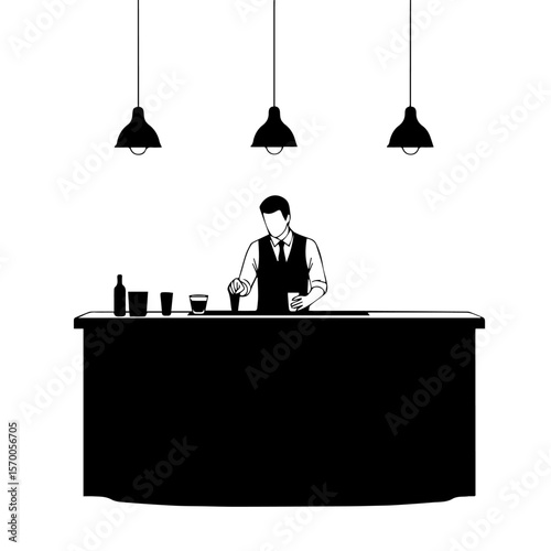 Silhouette bartender prepares cocktails behind bar counter under hanging lamps. Bartender mixes drinks, offering creative cocktail mixing skills and upscale bar experience.