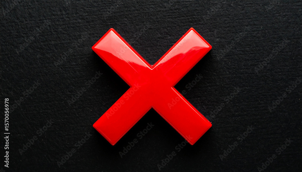 Obraz premium Shiny red cross mark isolated on black backdrop. Disapproval, error, mistake or cancellation concept