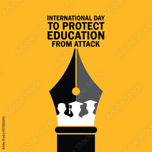 International Day to Protect Education from Attack Vector Graphic Pen Nib Symbolizing Knowledge and Graduation Caps Representing Students on a Yellow Background for Awareness Campaigns.