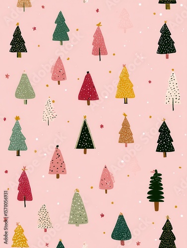 Cute christmas trees on pink background