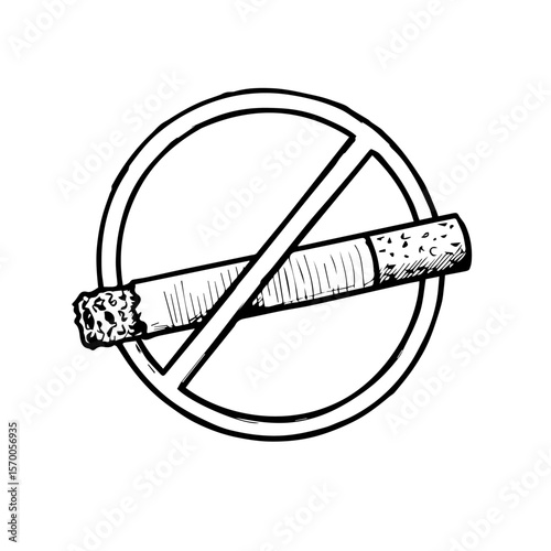 No smoking sign shows forbidden cigarette with circle, indicating quitting nicotine. No smoking area concept presented with a drawn image, indicating restriction and smoke free zone.